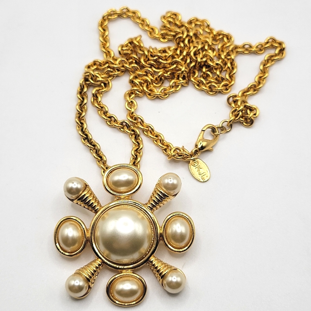 VTG Kenneth Jay Lane Faux Pearl Maltese Cross Necklace / Brooch | SIGNED - Picture 1 of 7